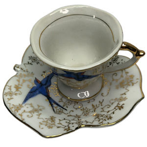 Vintage Demitasse Cup With Leaf Shaped Saucer Hand Painted House Swallow Japan